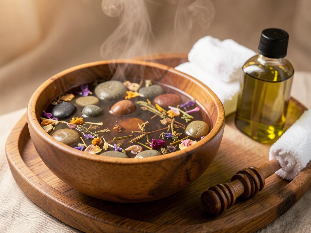Herbal foot detox soak with hot stones, herbs and olive oil