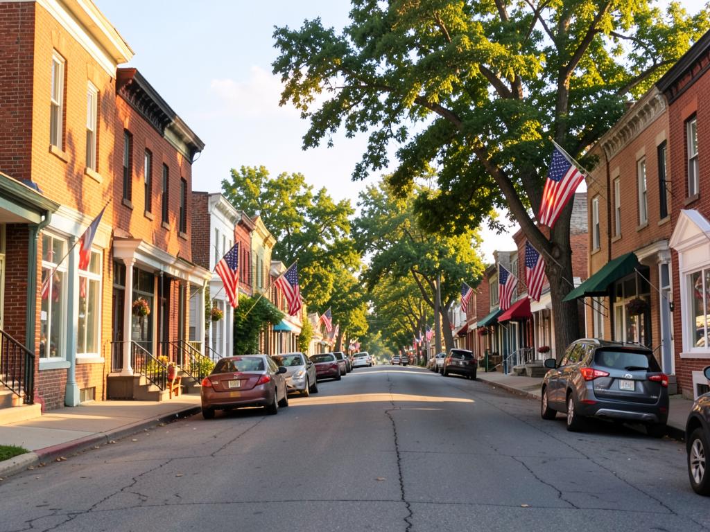 Small-town main street in Kirklin, Indiana 46050 with brick storefronts and American flags