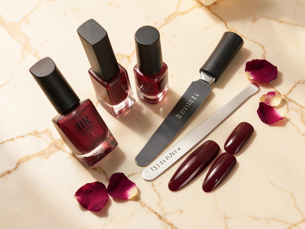 Burgundy nail polish and manicure tools on marble