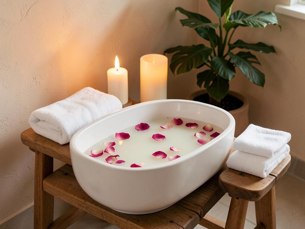 Spa pedicure foot bath with milk soak and rose petals